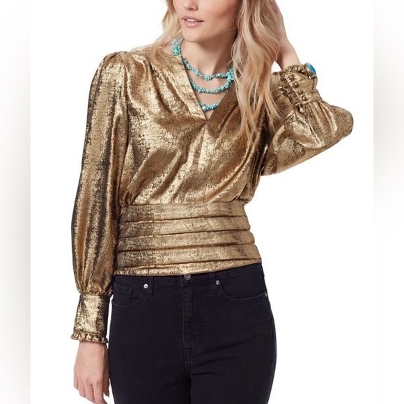 Sam Edelman Tops - NWT Sam Edelman Edith Split Neck Gold Metallic Top Size XS Long Sleeve V-Neck